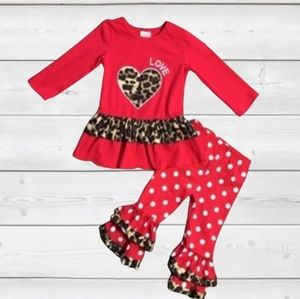 2 piece red love & leopard ruffled outfit boutique 2T